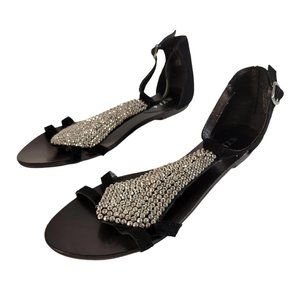 N.Y.L.A. GWROWANA Black Leather Silver Beaded T Strap Sandals Women Size 7